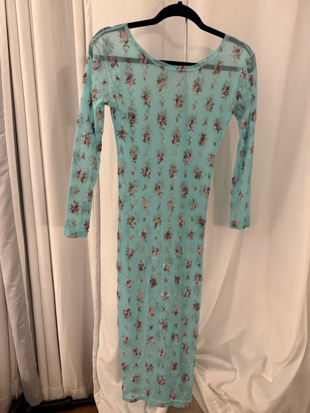 Sheer Light Blue Floral Stretch Long Sleeve Maxi Dress